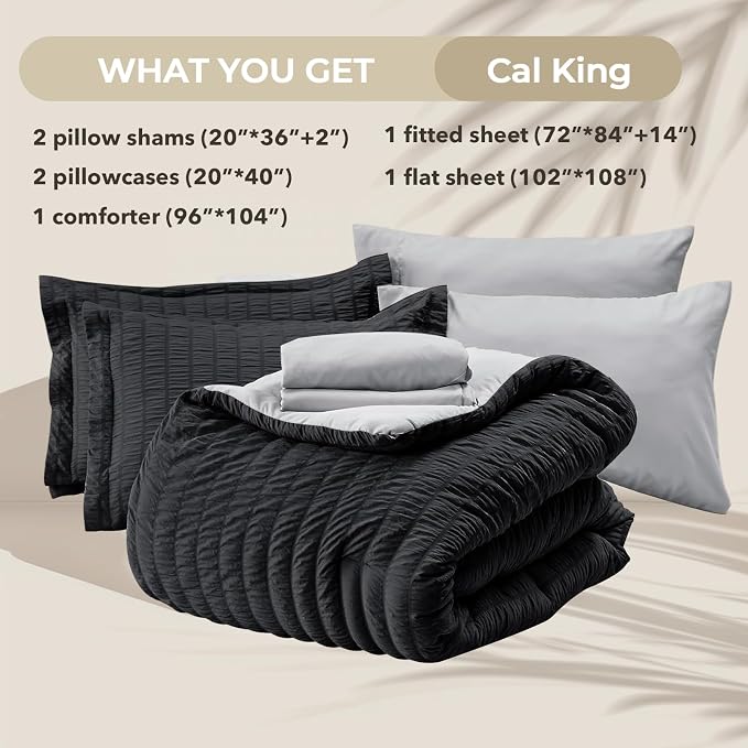 HYMOKEGE Black/Light Grey California King Comforter Set Seersucker 7 Pieces - Image 5