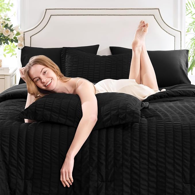 CozyLux Oversized King Comforter Set Black Seersucker 7 Pieces 120x98 Bed in a - Image 3