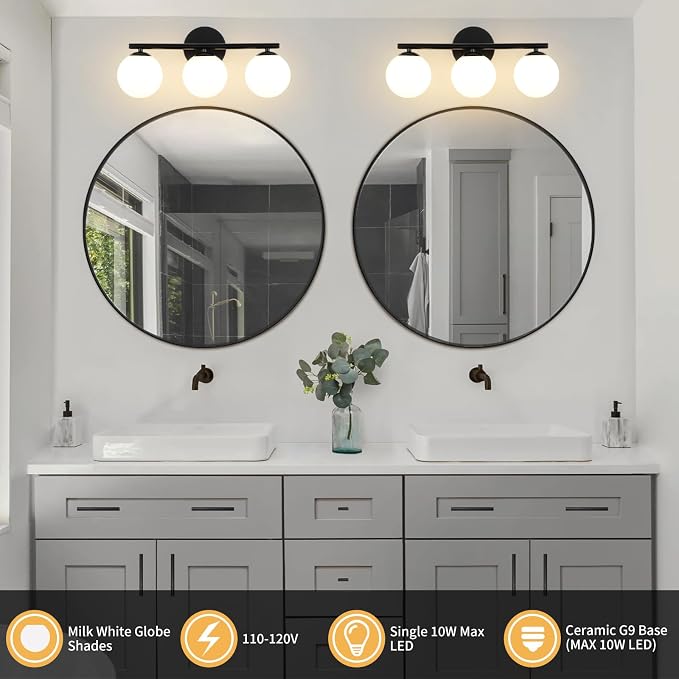 Black Globe Bathroom Light Fixtures 3-Light Vanity Light - Image 2