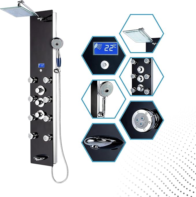 Blue Ocean 52” Aluminum SPA331B Tempered Glass Thermostatic Shower Panel Tower - Image 2