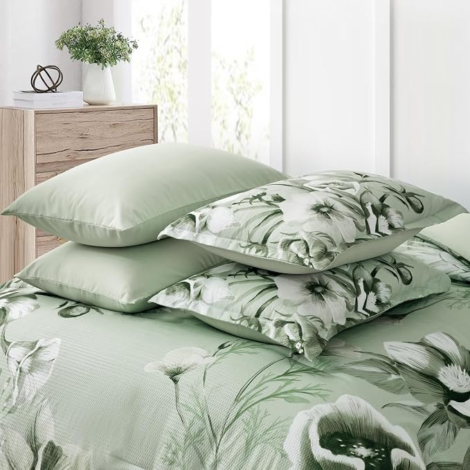 Luxudecor Floral Comforter Set Queen Size 7 Piece, Sage Green Flower Bed in a - Image 8