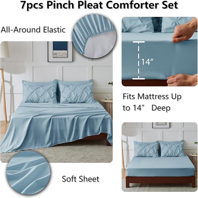 HIMEET Pintuck Bed in a Bag, 7 Pieces Queen Size Comforter Set Light Blue - Image 6