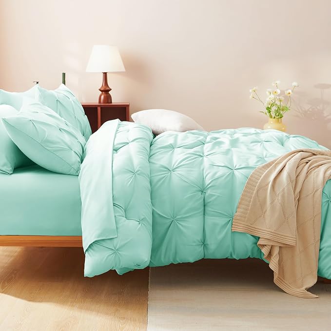 CozyLux King Size Comforter Set Mint Green, 7 Pieces Pintuck Bed in A Bag Green - Image 9