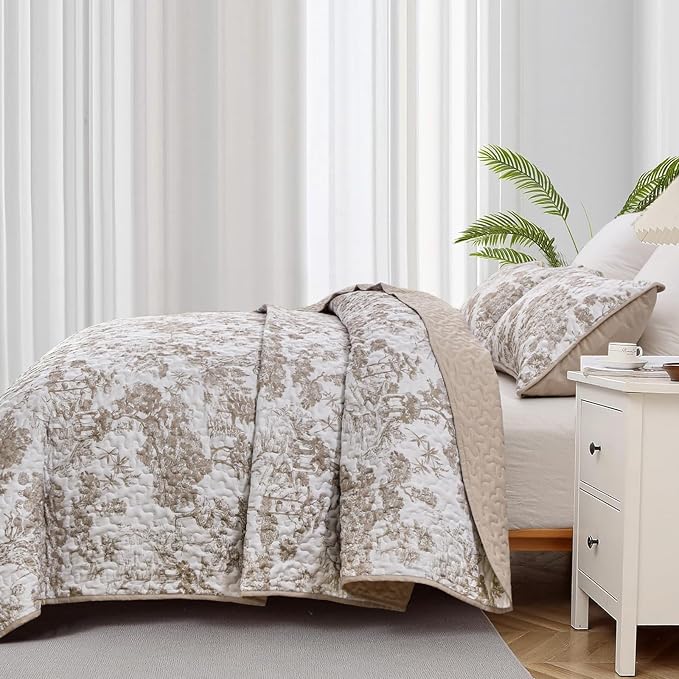 WONGS BEDDING Botanical Quilt Set Full Size, 3 Pieces Khaki Toile Floral Plants - Image 4