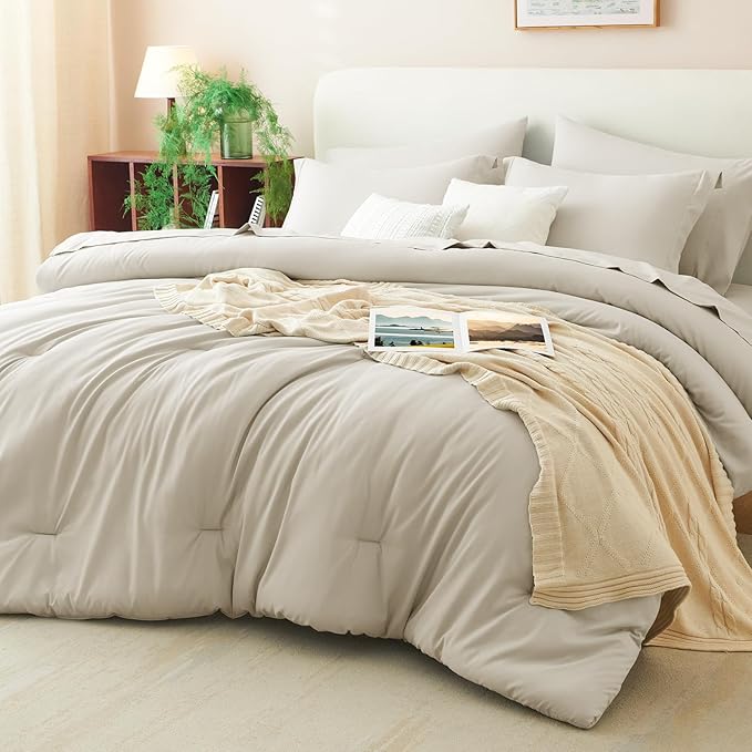 CozyLux Oversized Queen Comforter Set Beige, 7 Pieces Bed in a Bag Comforter Set by CozyLux