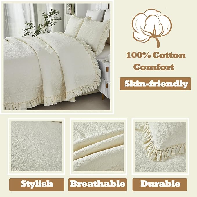 Brandream Luxury Cotton Quilt Set King Size Heirloom Quality Ruffled Edge - Image 5