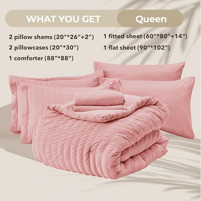HYMOKEGE Rose Pink Queen Comforter Set Seersucker 7 Pieces, All Season Luxury - Image 5