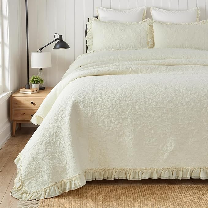 Brandream Cream Yellow White Quilt Set Queen Size Cotton Matelasse Bedding - Image 2