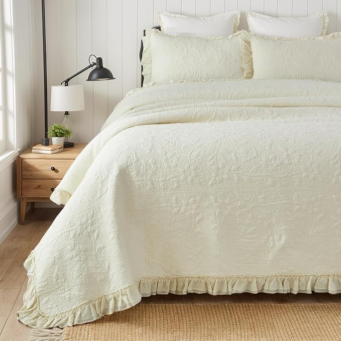 Brandream Luxury Cotton Quilt Set King Size Heirloom Quality Ruffled Edge by Brandream