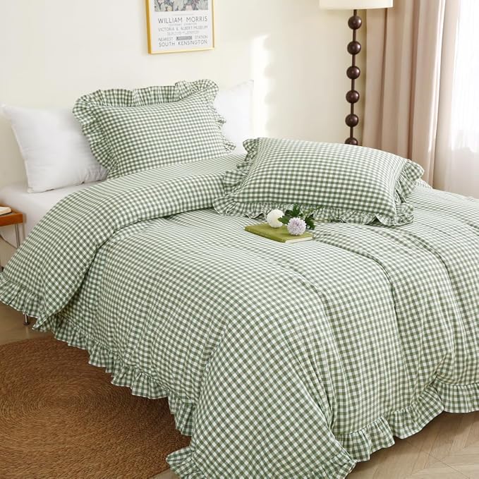 Silnuo Sage Green/White Plaid Ruffle Duvet Cover Twin Size, 100% Washed Cotton - Image 7
