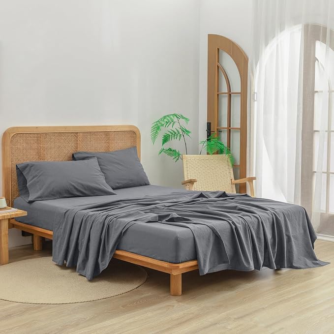 BESTOUCH Flat Sheet Only 100% Washed Cotton Linen Feel Wrinkle-Free, - Image 3