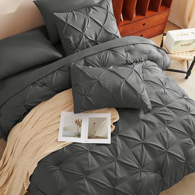 HIMEET Pintuck Bed in a Bag, 7 Pieces King Size Comforter Set Dark Grey - Image 4