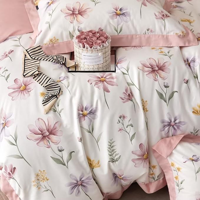 MKXI Garden Floral Duvet Cover Pink Princess Bedding White Aesthetic Duvet - Image 3