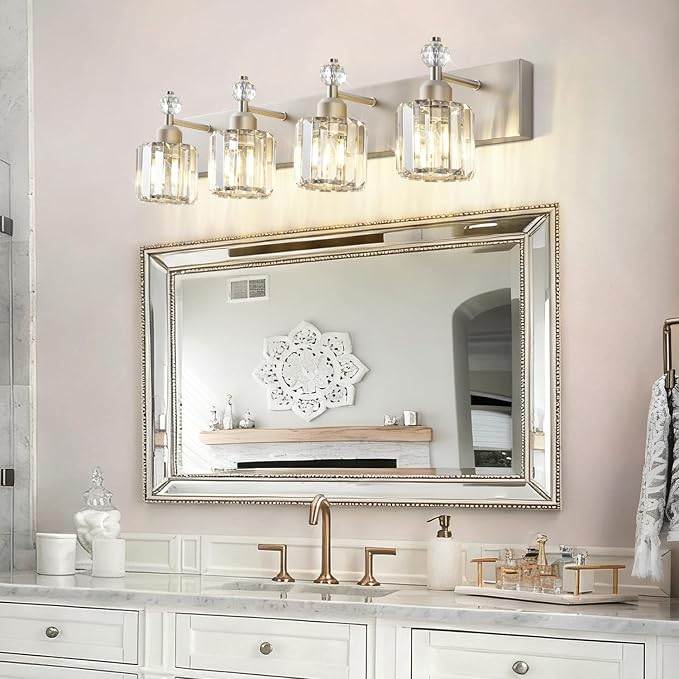 PRESDE 4-Light Brushed Nickel Vanity Light, Crystal Modern Bathroom Light Over - Image 7