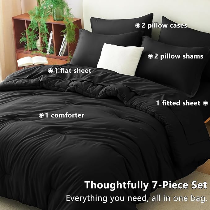 CozyLux California King Comforter Set Black, 7 Pieces Cal King Bed in a Bag Bed - Image 6