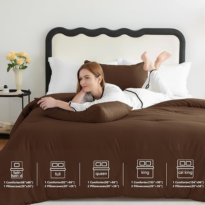 CozyLux King Size Comforter Set Brown, 3 Pieces Solid Comforters King Size - Image 7