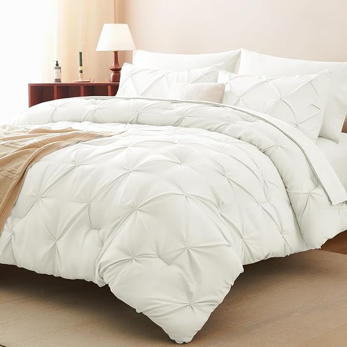 HIMEET Pintuck Bed in a Bag, 7 Pieces Full Size Comforter Set Ivory, Luxury - Image 8