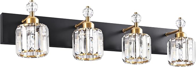 PRESDE 4-Light Crystal Bathroom Vanity Light, Modern Black and Gold Bathroom by HOME