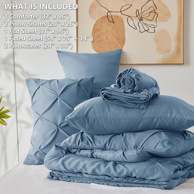 HIMEET Pintuck Bed in a Bag, 7 Pieces Full Size Comforter Set Grayish Blue - Image 8