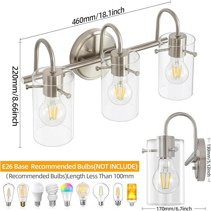 3 Lights Vanity Light Fixture, Brushed Nickel Bathroom Wall Sconces, Modern - Image 5
