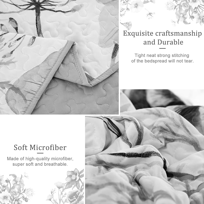 Floral Quilt Set King 3 Pieces Grey Floral Quilt Coverlet Set Soft Microfiber - Image 6