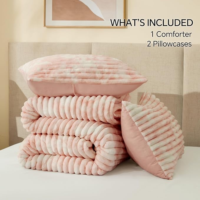 BEDELITE Fleece King Comforter Set -Super Soft & Warm Fluffy Pink&White Bedding - Image 6