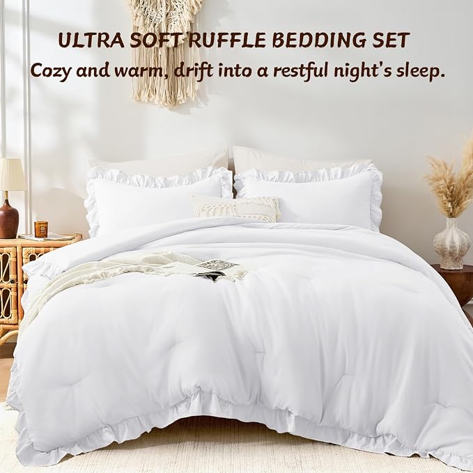 FUANNA Full Size Comforter Sets White, 3 Pieces Ruffle Full Size Bedding Sets - Image 5