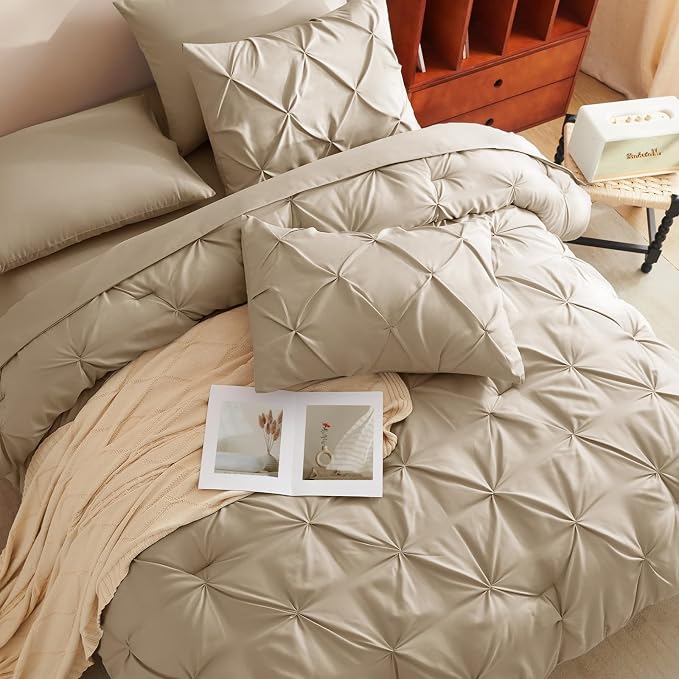 CozyLux King Size Comforter Set Khaki, 7 Pieces Pintuck Bed in A Bag Khaki - Image 9