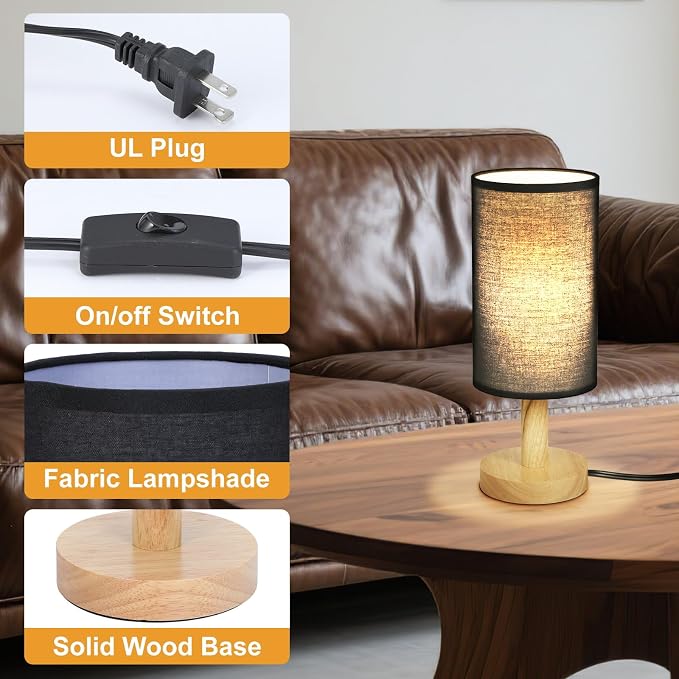 Black Small Bedside Table Lamp for Bedroom, Natural Round Wood Base&Fabric - Image 5
