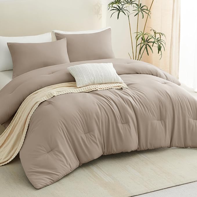 CozyLux Queen Comforter Set Khaki, 3 Pieces Solid Comforters Queen Size - Image 8