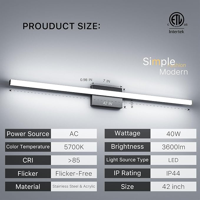 42Inch LED Bathroom Vanity Light Bar 5700K Dimmable Led Bathroom Light Over - Image 2