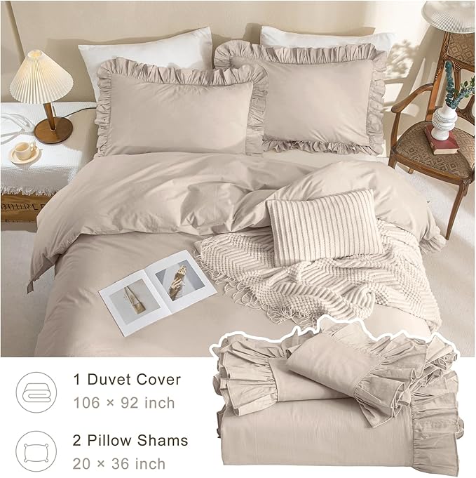 QSH 3Pcs Washed Cotton Ruffle Duvet Cover King Size - Image 5