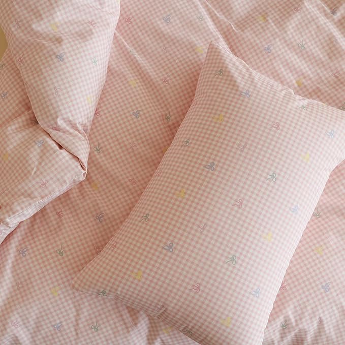 mixinni Gingham Duvet Cover Queen Size, 100% Cotton Light Pink and White - Image 6