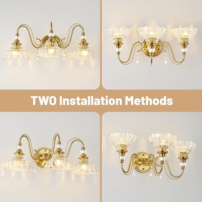 Vintage Bathroom Vanity Light, 3-Light Brushed Gold Finish Wall Sconce - Image 3