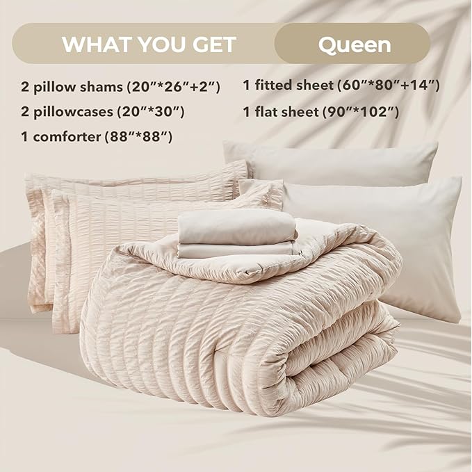 HYMOKEGE Beige Queen Comforter Set Seersucker 7 Pieces, All Season Luxury Bed - Image 6