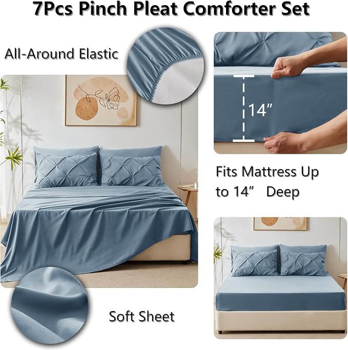 CozyLux California King Comforter Set Mineral Blue, 7 Pieces Cal King Pintuck - Image 6