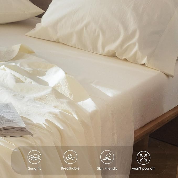 MooMee Fitted Bottom Sheet Only 100% Washed Cotton Linen Like Textured - Image 5