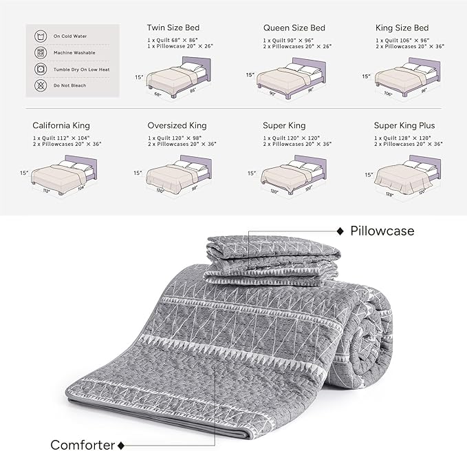 Andency Quilts Queen Size Grey, 3 Pieces Queen Quilt Bedding Set Boho - Image 6