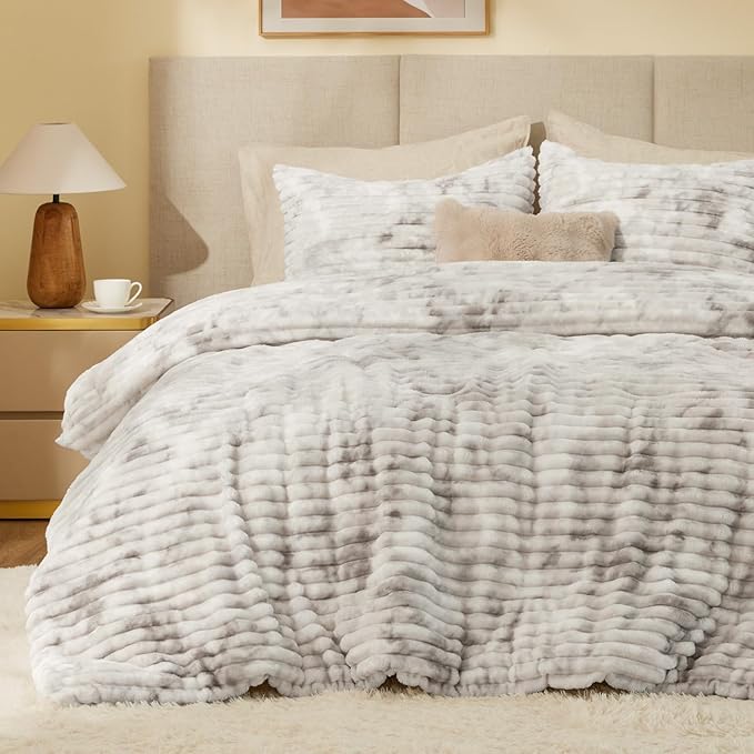 BEDELITE Fleece King Comforter Set -Super Soft & Warm Fluffy Grey&White Bedding by BEDELITE