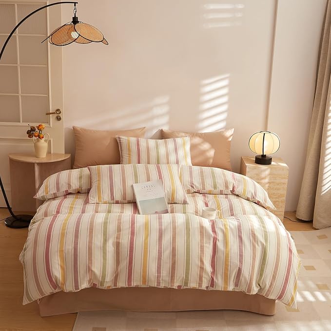 mixinni Vintage Striped Duvet Cover Set Full, 3-Piece Washed Cotton Bedding Set - Image 3