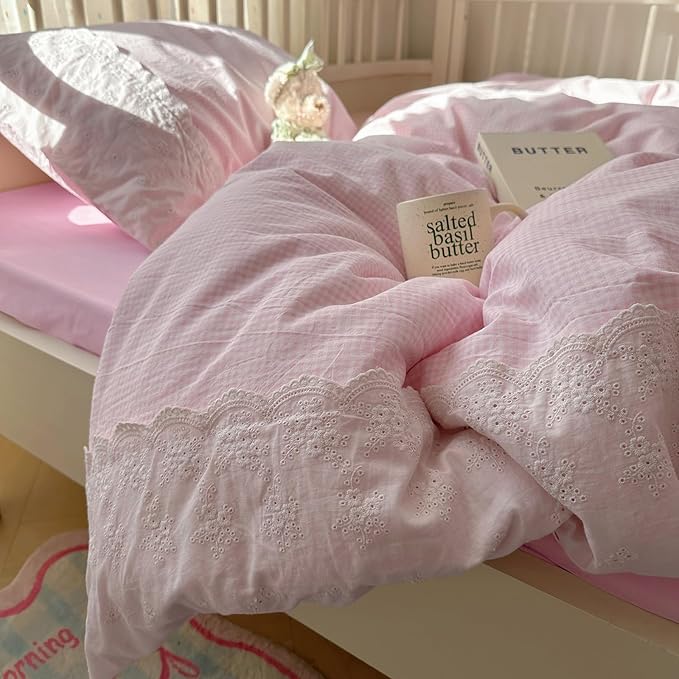 mixinni Pink Gingham Duvet Cover Queen Size - Image 3