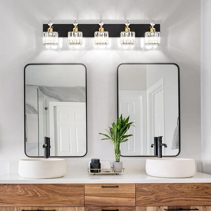 PRESDE Crystal 5 Light Bathroom Vanity Lights Modern Black and Gold Bathroom - Image 2