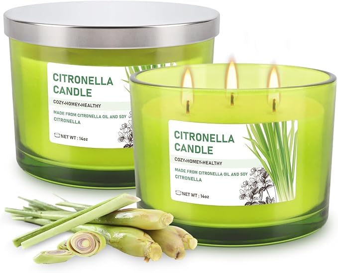 Set of 2 Green Glass Jars Citronella Oil Candles 14oz Smokeless & Outdoor - Image 7