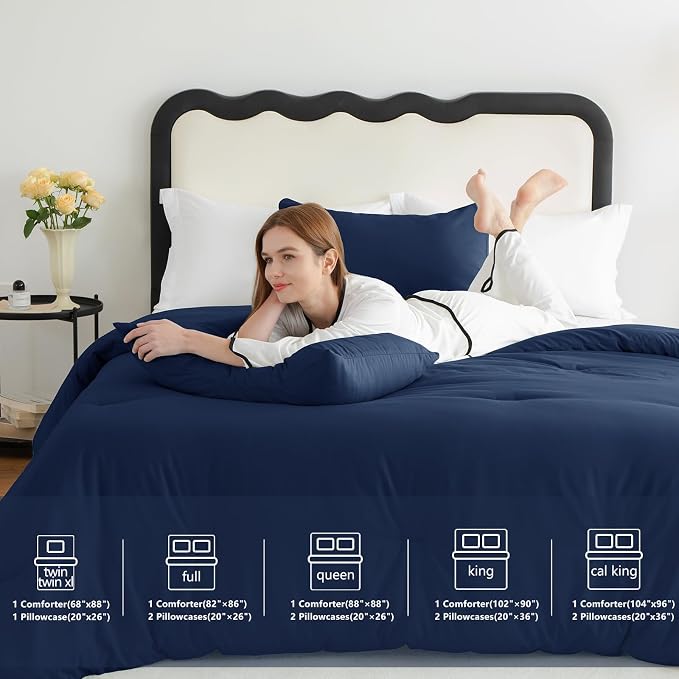 CozyLux Navy Blue Full Size Comforter Set, 3 Pieces Solid Breathable Quilted - Image 6