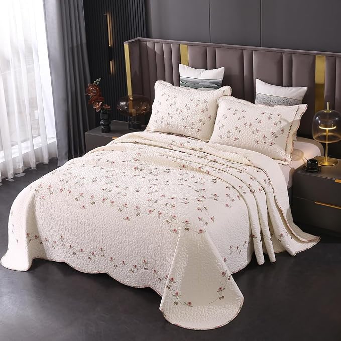 Quilt Set Floral Leaves 3D Embroidery Pattern 2 PCS Cotton Reversible Quilted - Image 5