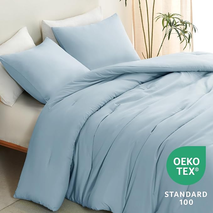 CozyLux Full Size Comforter Set Light Blue, 3 Pieces Solid Breathable Quilted - Image 4
