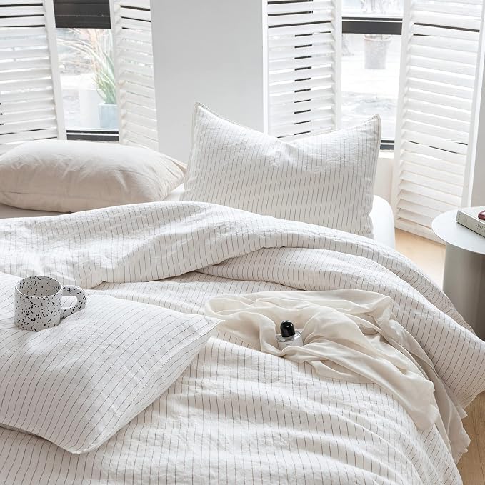 Simple&Opulence 100% Linen Duvet Cover Set 3pcs Yarn Dyed Vertical Pinstripe - Image 9