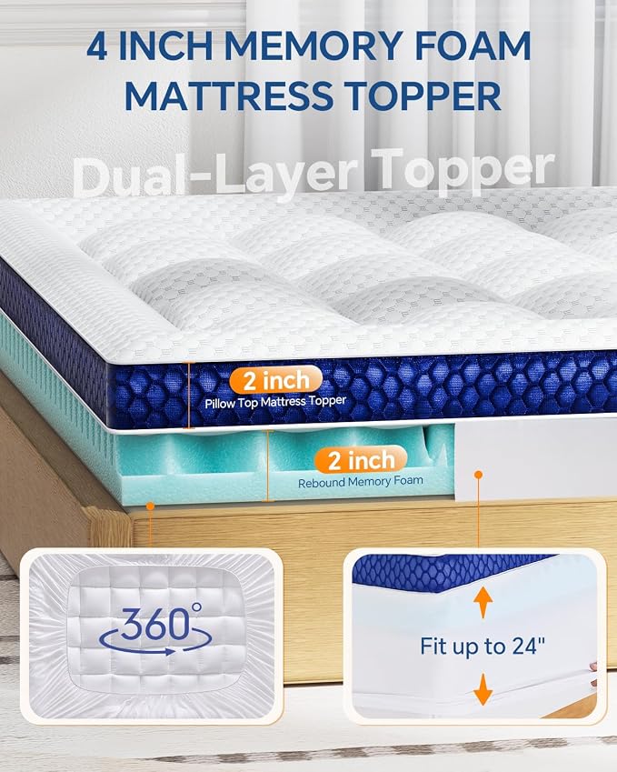 BEDELITE Queen Mattress Topper Dual Layer 4 Inch Memory Foam Mattress Topper - Image 5