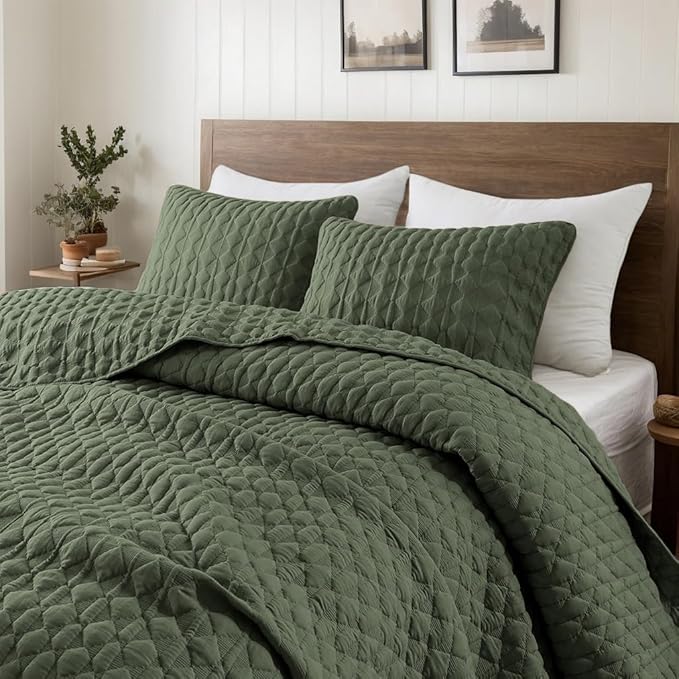 WDCOZY Olive Green Oversized California Cal King Size Quilt Bedding Set by WDCOZY