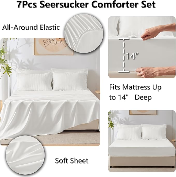 CozyLux Oversized King Comforter Set White Seersucker 7 Pieces 120x98 Bed in a - Image 5
